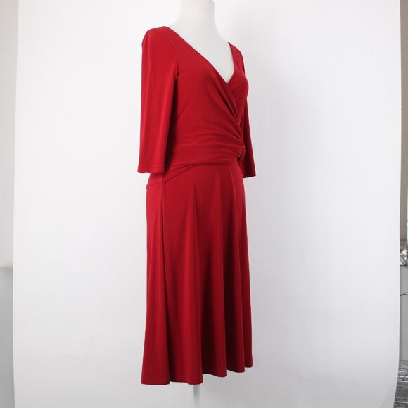 Joseph Ribkoff Dress Sz 6 Red V Neck 3/4 Sleeve Fit Flare Faux Wrap Poly Dress - Picture 6 of 12